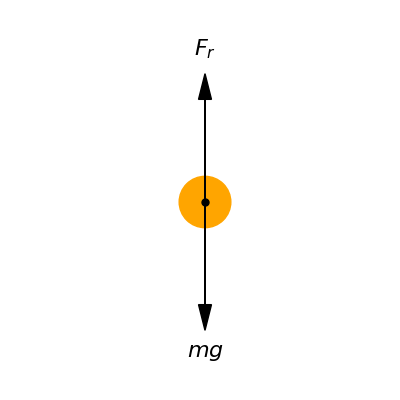 Diagrammatic force representation of a solitary descending water droplet (or ice particle), with the downward pointing weight and upward pointing air resistance delineated.